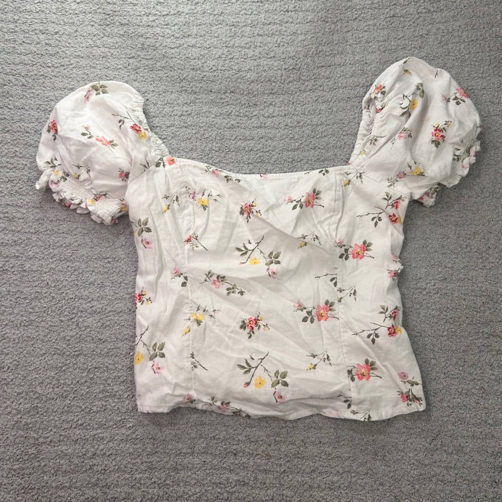 Abercrombie & Fitch Floral Puff Sleeve Top Cream S Cottagecore Coquette Romantic
